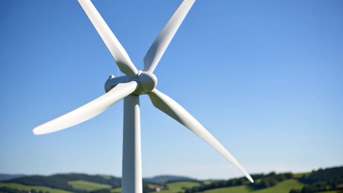 Close-up of a modern wind turbine blade against a clear blue sky, with a hint of green rolling hills in the background, representing renewable energy in the Basque Country.