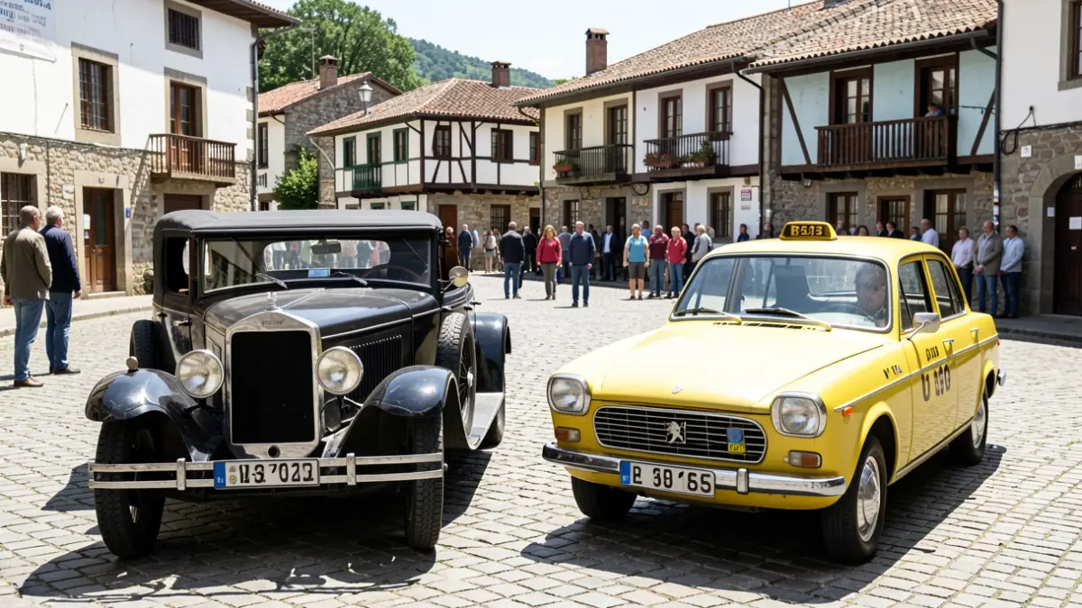 Generic image showing vintage cars and a Basque village.