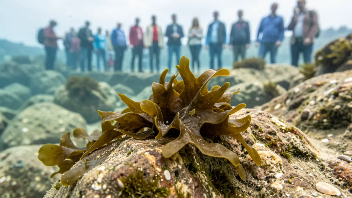 Imagen de primer plano de un alga invasora japonesa (Rugulopteryx okamurae) en el fondo marino.