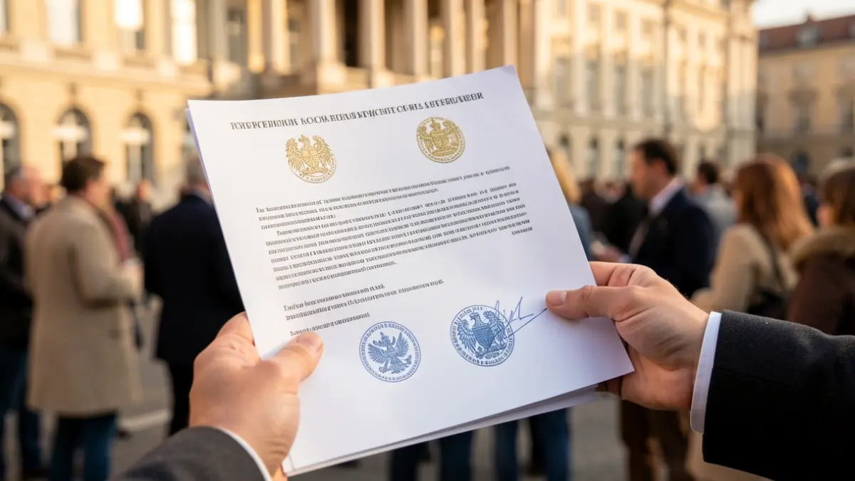 Imagen genérica: mano sosteniendo un documento con sellos oficiales, fachada de edificio oficial difuminada al fondo, luz diurna, estilo documental.