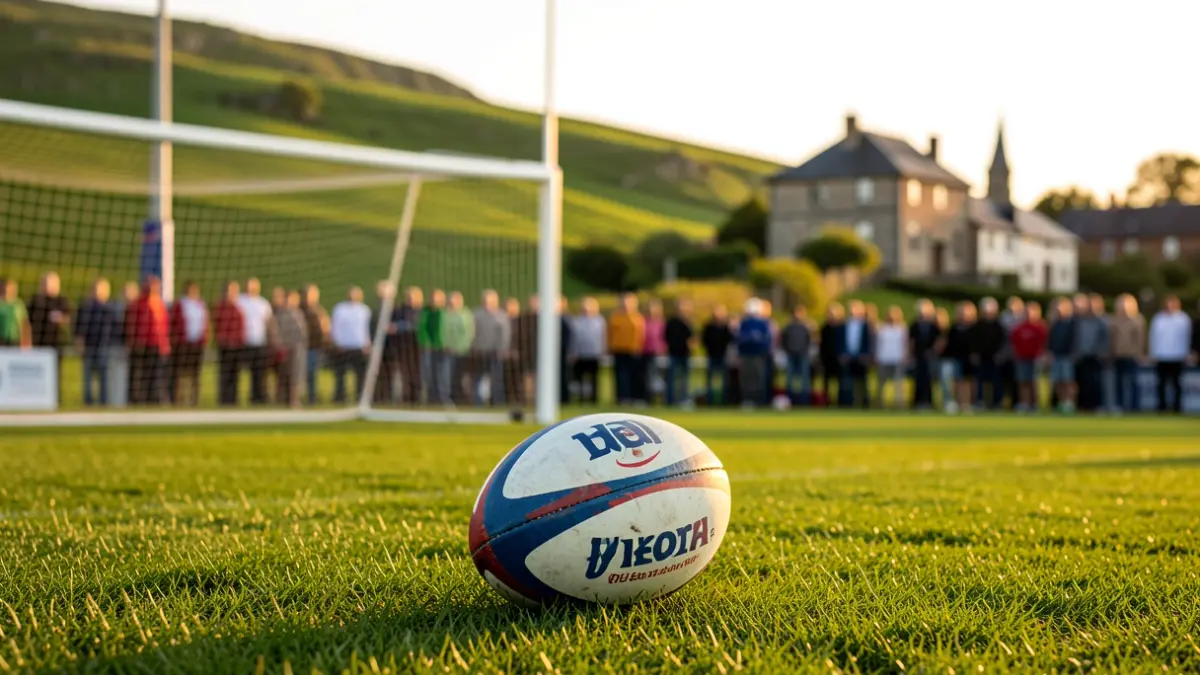 Imagen genérica: balón de rugby sobre hierba verde, luz dorada.