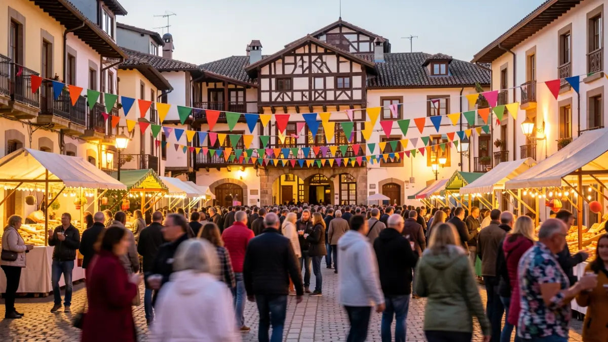 Ambiente festivo de las fiestas de Amurrio, con gente y arquitectura tradicional.