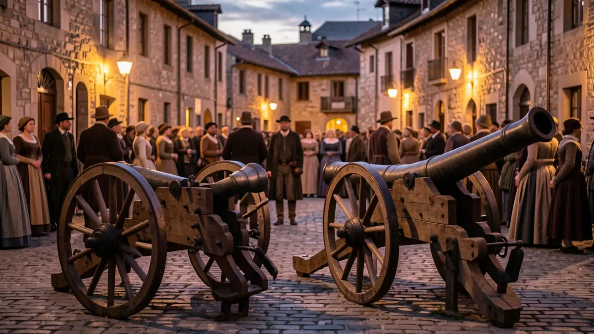 Imagen genérica. Representación histórica del Alarde de las fiestas de Antzuola, con cañones y gente al atardecer.