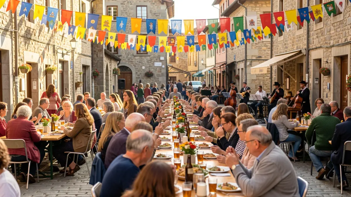 Festive scene in a Basque town square, with people enjoying a popular meal and musicians.