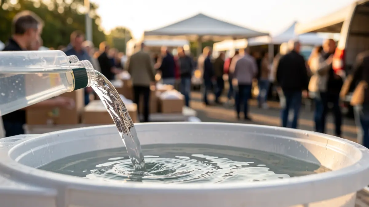 Clean water being collected in a container, in the context of humanitarian aid.