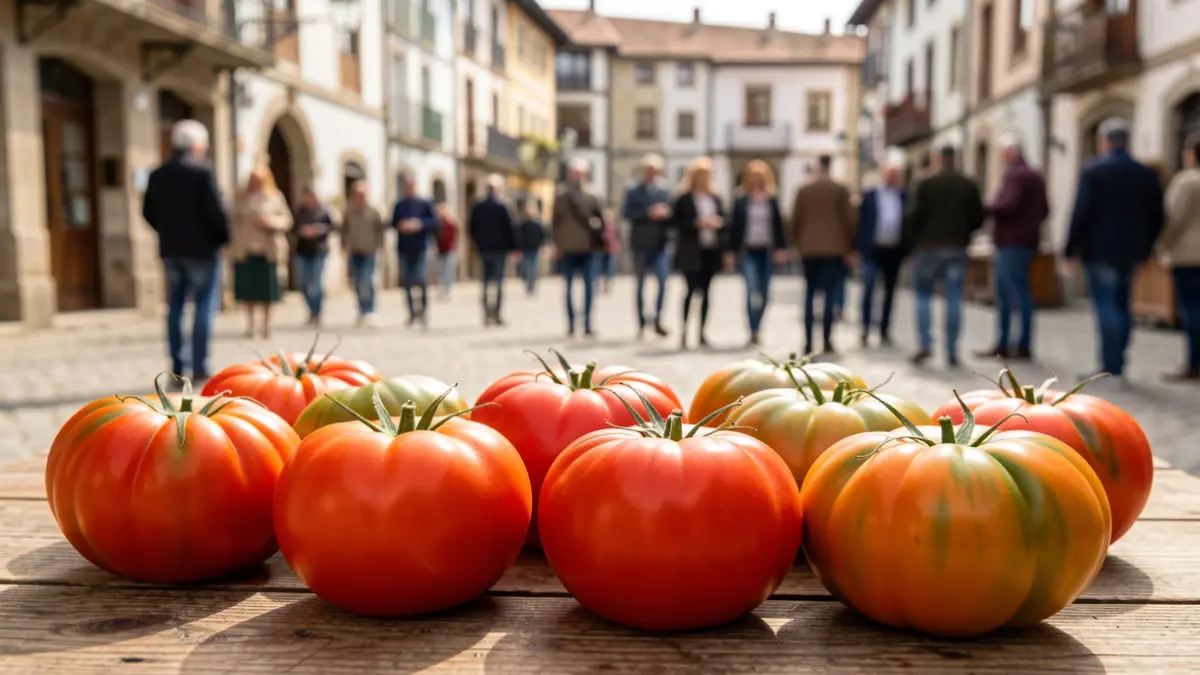 Variedades de tomates sobre una mesa de madera, en el contexto de la feria de Aretxabaleta.