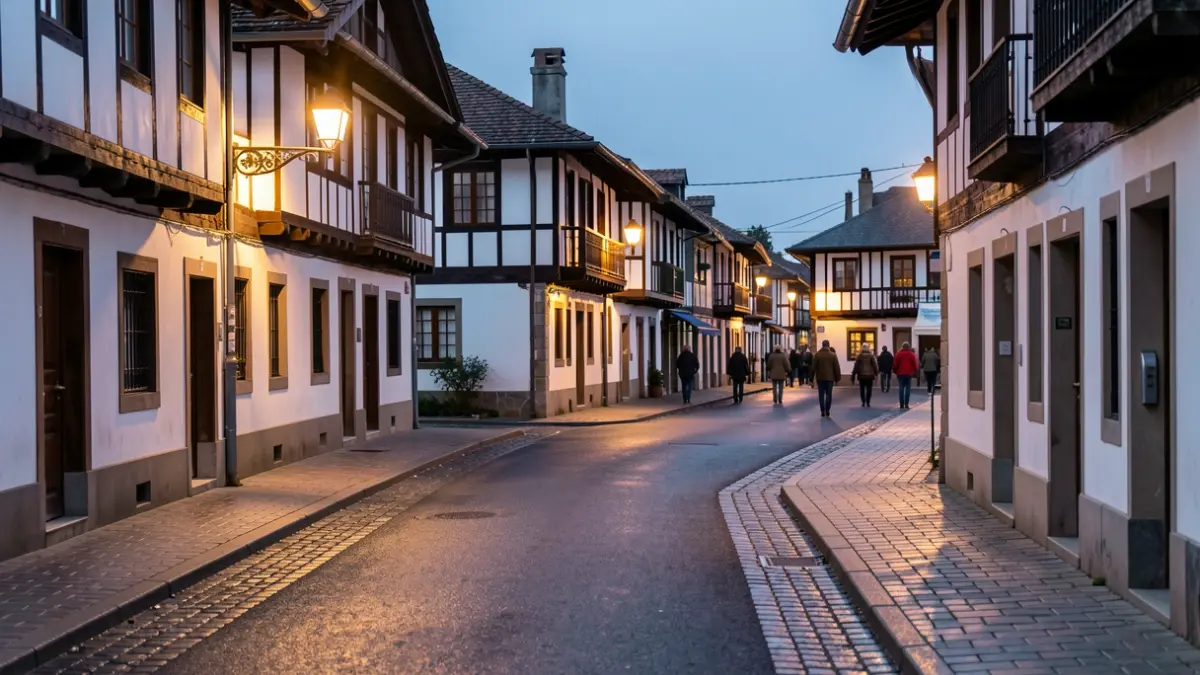 An empty street in a Basque town at dusk, with streetlights illuminating traditional Basque architecture.