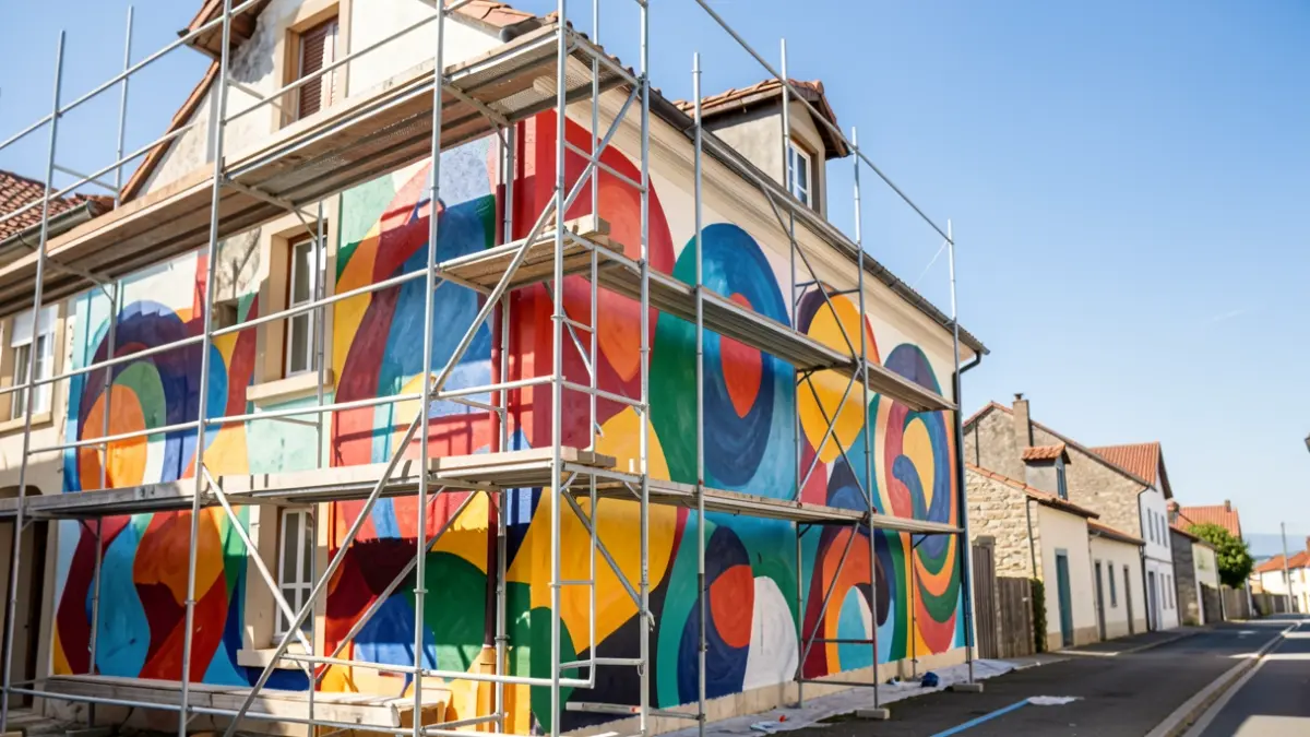 Artziniegako eraikin baten horman margotzen ari den mural bizia.