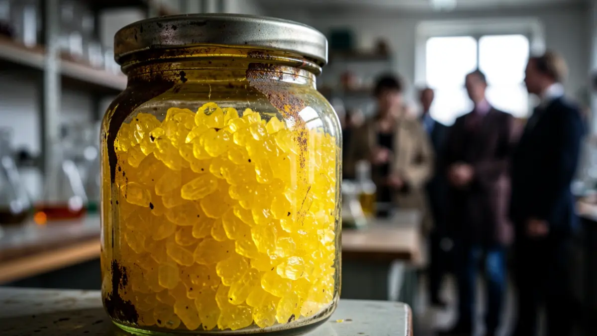 Close-up image of a glass container with a bright yellow crystalline substance, acid picric, in a laboratory setting.