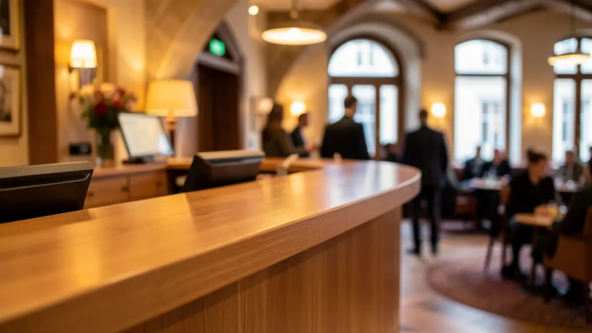 Imagen de primer plano de un mostrador de recepción de hotel con un lobby acogedor desenfocado al fondo, iluminación cálida y una sutil influencia arquitectónica de Euskadi.