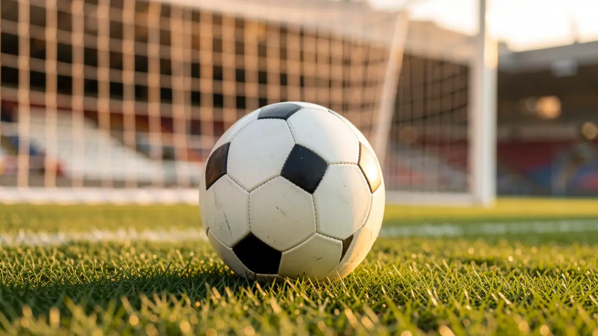Futbol baloia zelai batean, atzealdean atearen sarearekin.