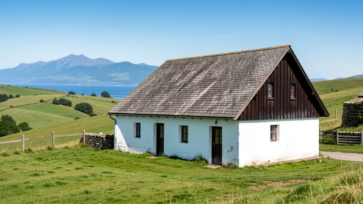 Paisaje tradicional del País Vasco, con un caserío y vistas a la costa.