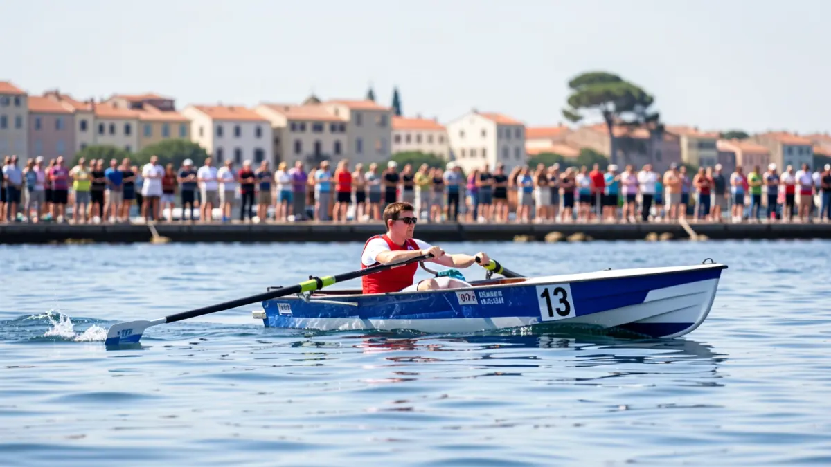 A veteran rowing team's boat crossing the finish line.