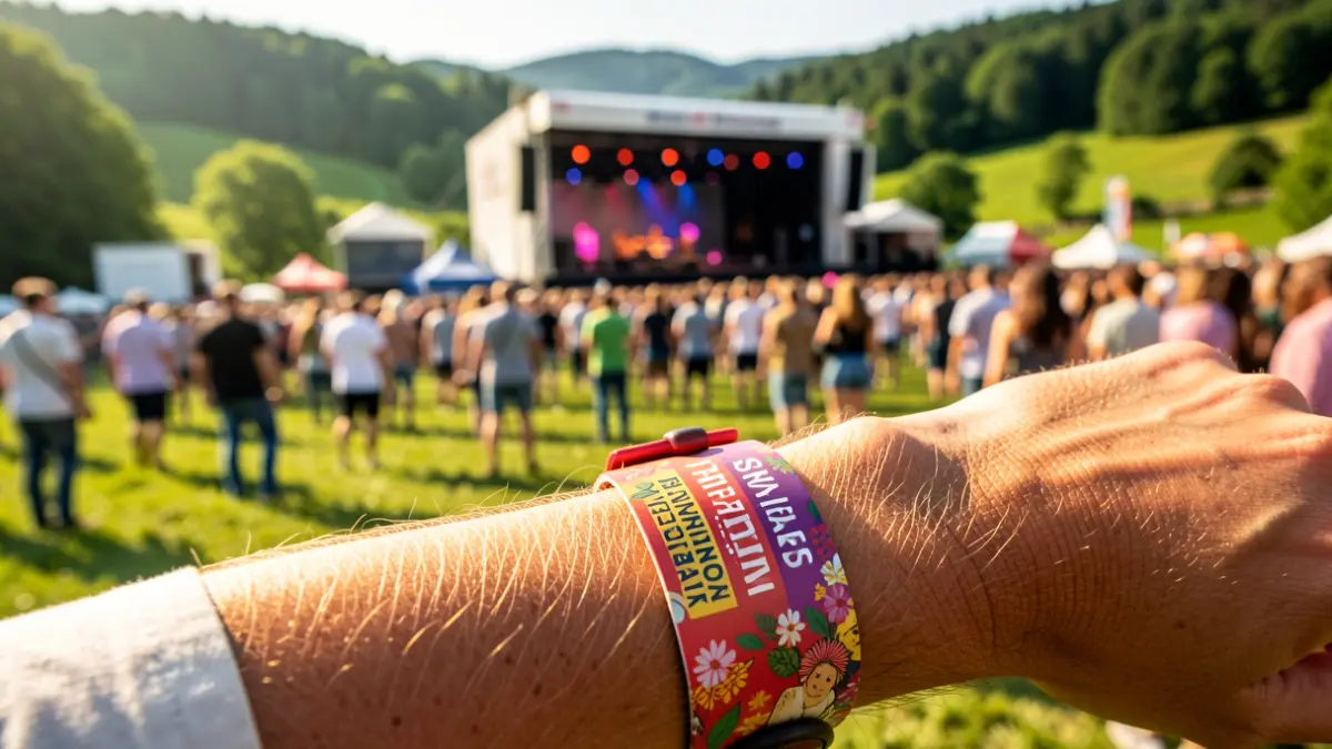 BBK Live festival wristband with a blurred stage in the background.