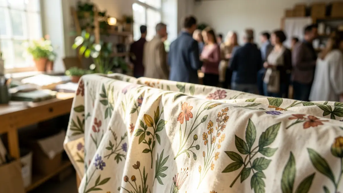 Organic cotton fabric with botanical prints in a sustainable workshop.