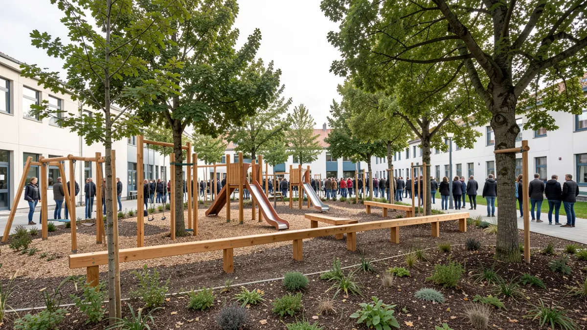 Renovated playground at Bedoñabe school in Arrasate, featuring wooden play structures and new vegetation.