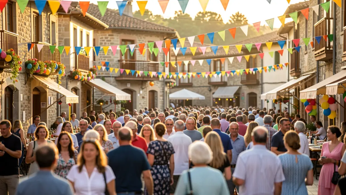 Imagen genérica de una plaza de pueblo vasco en ambiente festivo, con pancartas y decoraciones coloridas, multitudes borrosas al fondo, sol cálido y arquitectura vasca tradicional visible.