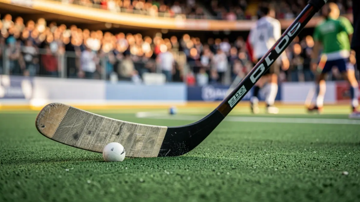 Imagen genérica: stick de hockey y una pelota sobre una pista deportiva.