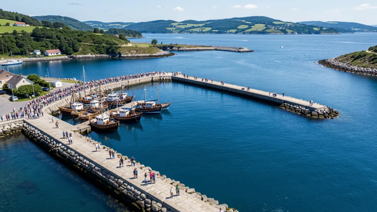 General view of the port of Bermeo with the docks and blue water visible.