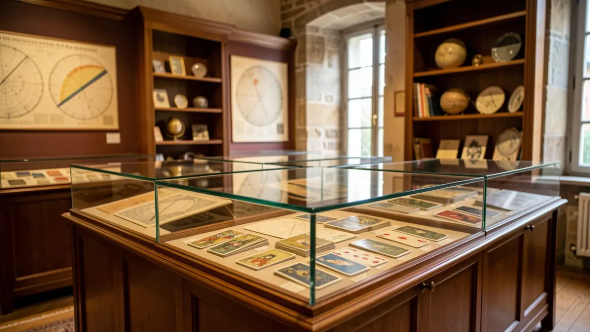 Imagen de una exposición en el museo Bibat con elementos de astronomía y naipes históricos.