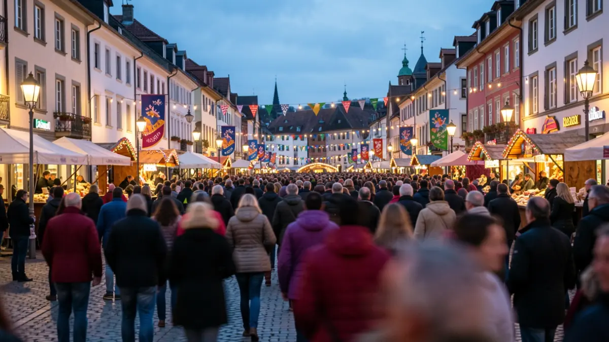 Imagen genérica de un ambiente festivo y luces en una plaza de pueblo al atardecer.