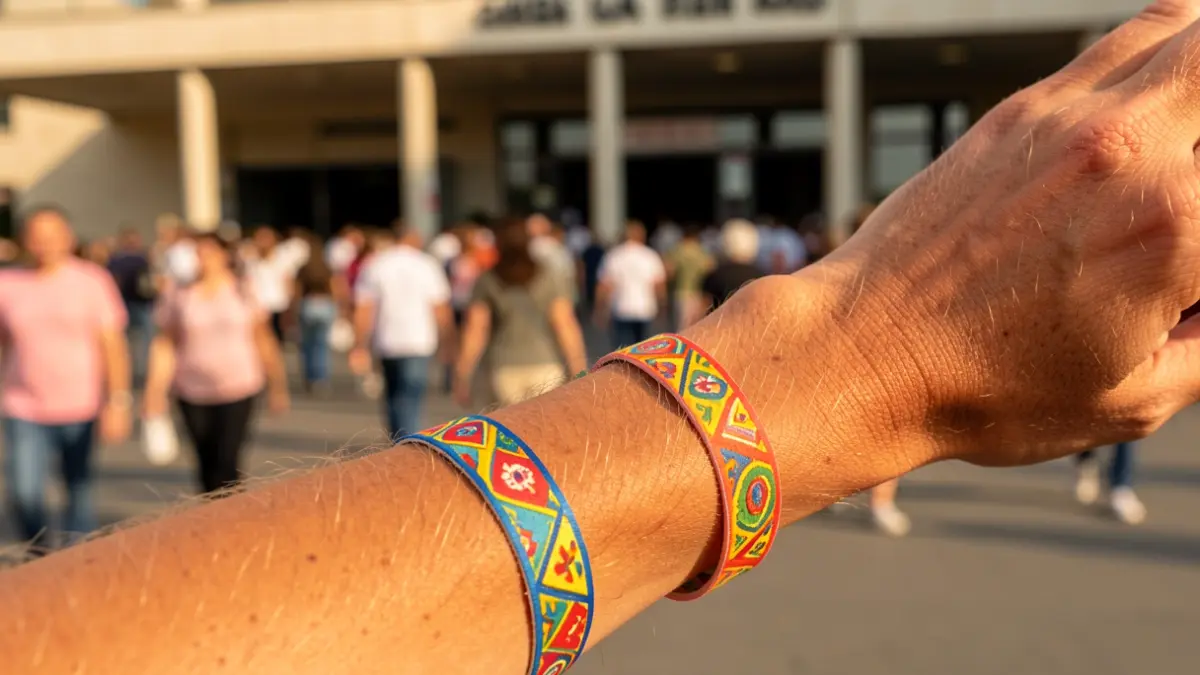 Person wearing a festival wristband at the stadium entrance.