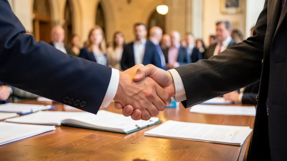 Generic image: hands shaking over a desk, with warm office lighting.