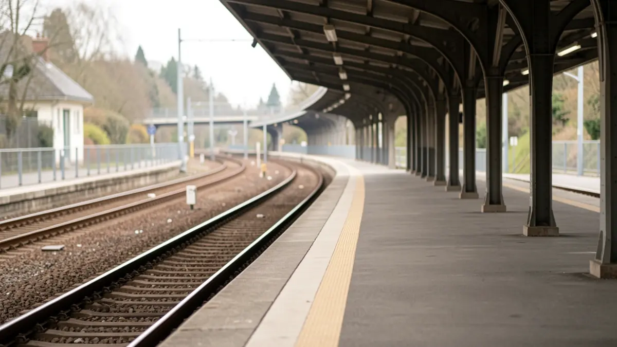 Generic image of an empty train station platform with tracks disappearing into the distance, natural daylight.