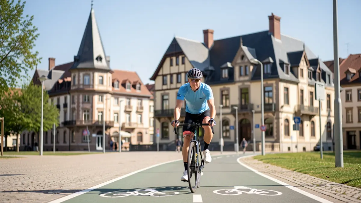A cyclist on a bike lane in Vitoria-Gasteiz, with distinctive Basque architecture in the background.