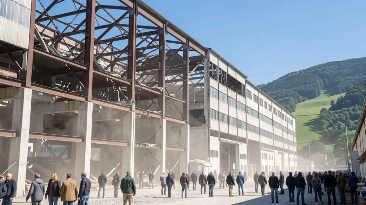 Exterior view of an industrial building with a partially demolished section, showing exposed steel beams and concrete.
