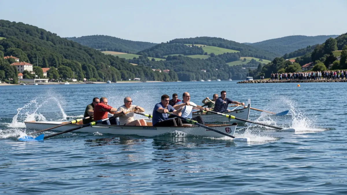 Two rowing boats competing on a calm bay, with green hills in the background and a blue sky.