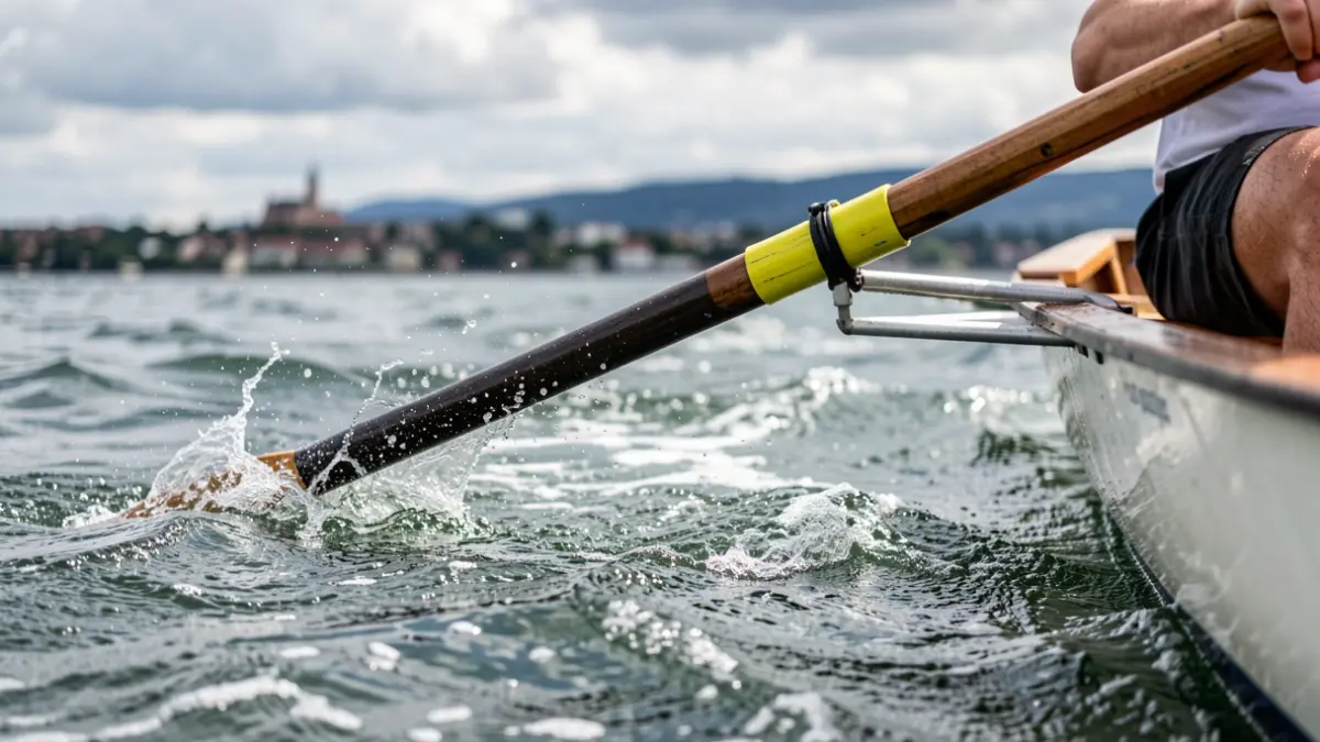 Close-up of the bow of a rowing boat moving through choppy waters, with the Euskadi coastline blurred in the background.