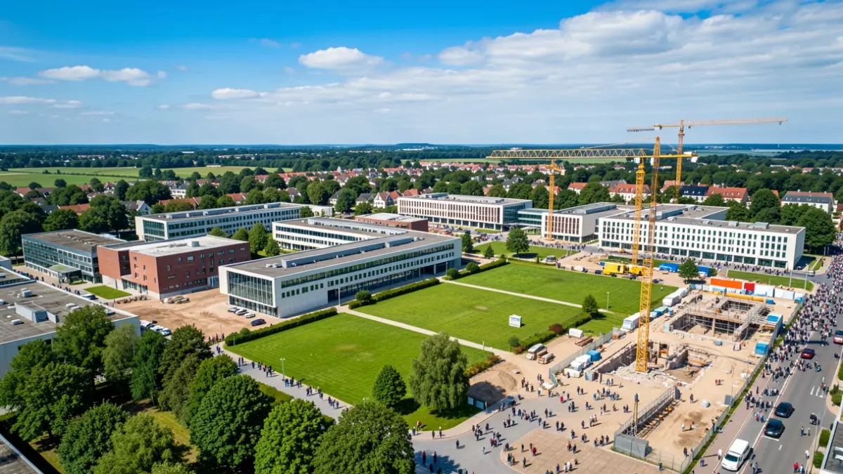 Unibertsitate campuseko aireko ikuspegia, eraikin berriak eta eraitsi behar diren pabiloiak erakusten dituena.