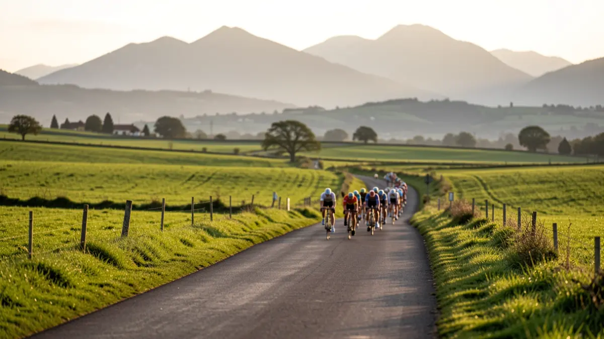Distant view of a cycling race peloton on a winding road in the Basque countryside.
