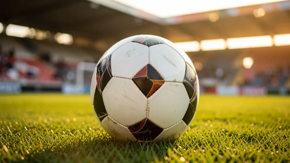 Futbol-baloia Ipurua futbol zelaiko belar gainean.