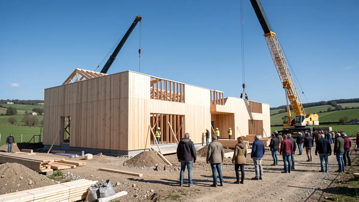 Fotografía de la obra de un edificio moderno de madera con paneles CLT visibles, mostrando el progreso con grúas y trabajadores al fondo, bajo un cielo azul despejado en un entorno rural vasco.