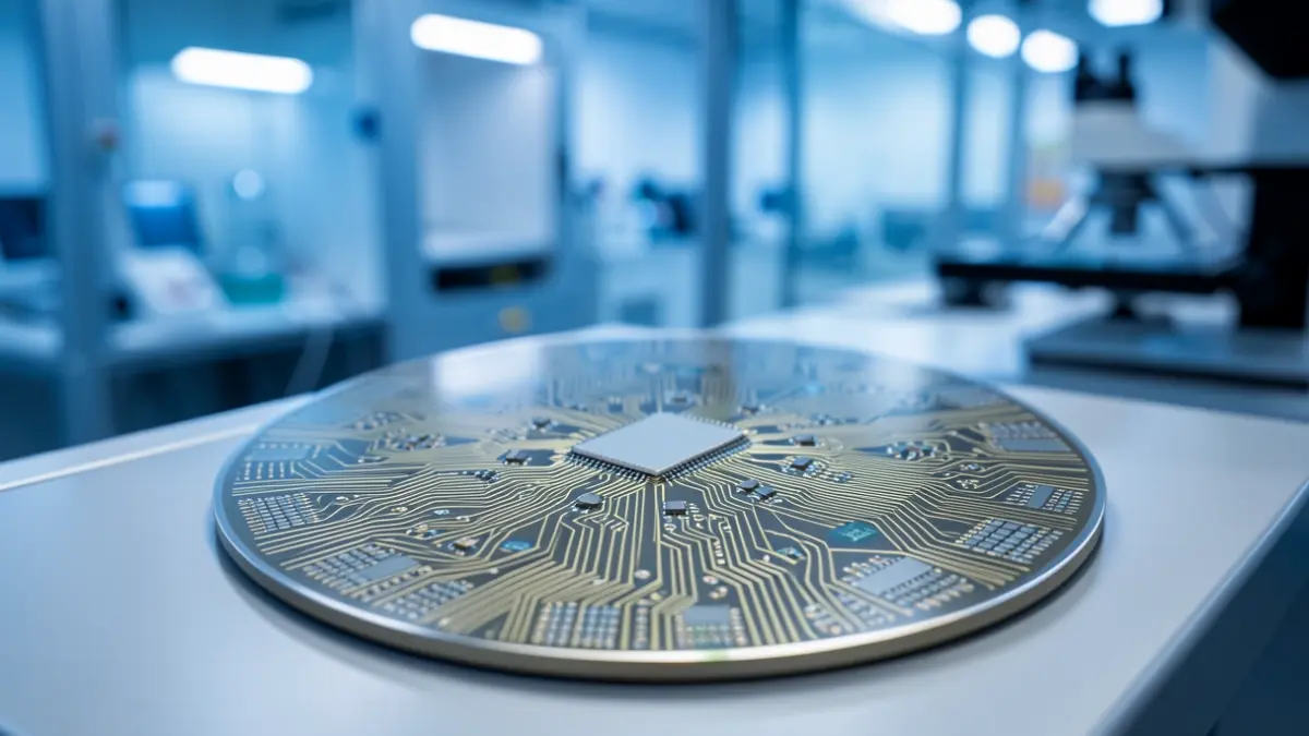 Technical image of integrated microchip circuits, with a blurred laboratory background.