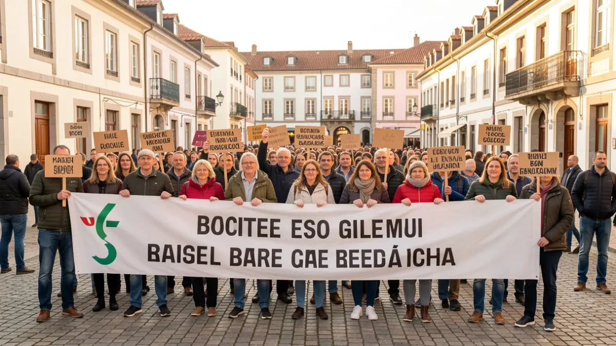 Generic image of a protest in a Basque town with a group of people holding banners.