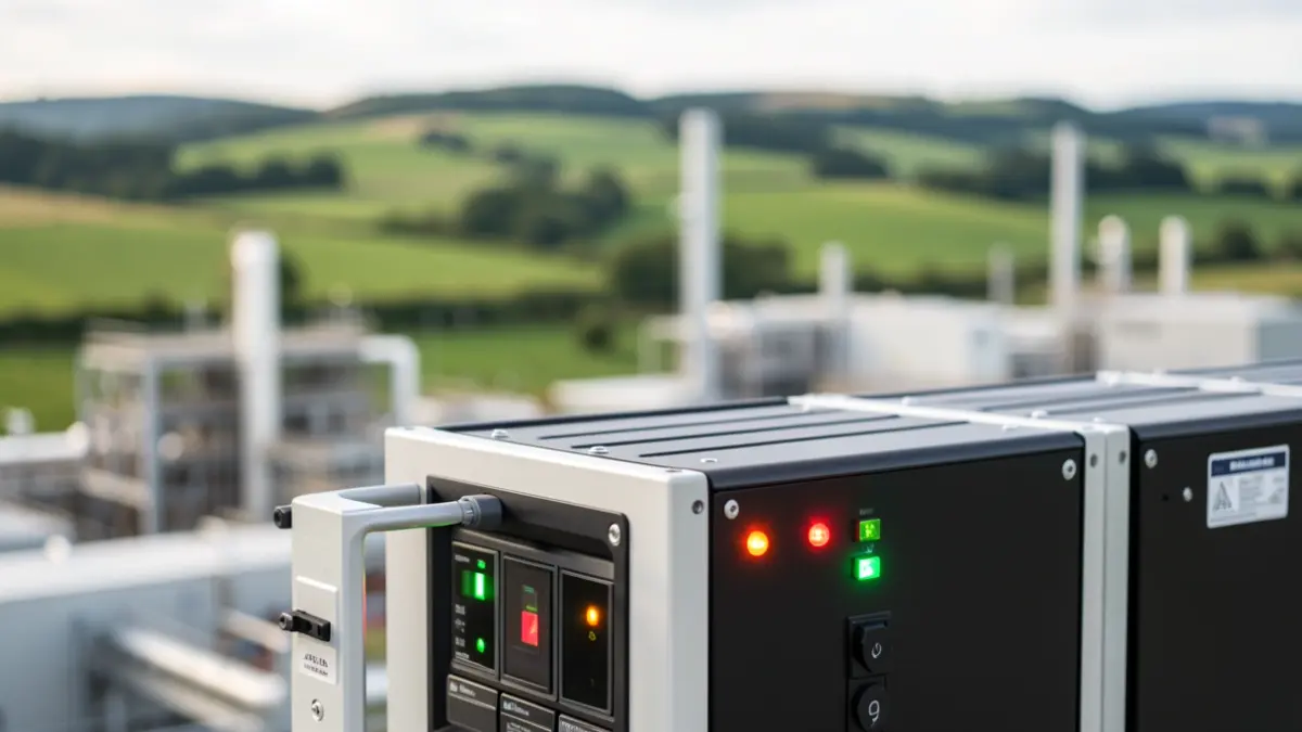 Baterien energia biltegiratze sistema (BESS) baten hurbileko ikuspegia, Euskadiko azpiegitura industrialaren eta berdegunen atzealde lausoarekin.