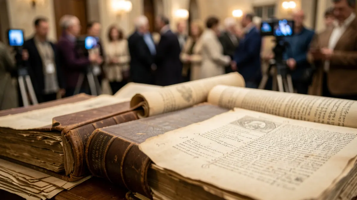 Close-up of old, leather-bound historical documents and manuscripts, some partially unrolled, with subtle hints of digital scanning equipment in the background.