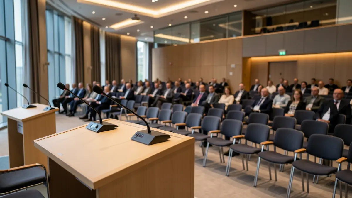Imagen genérica: una sala moderna para una rueda de prensa, con podio y micrófonos.