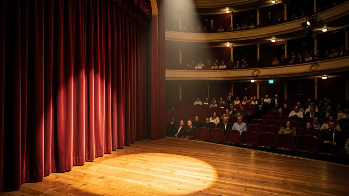 Interior of a theater with the stage and empty seats visible.