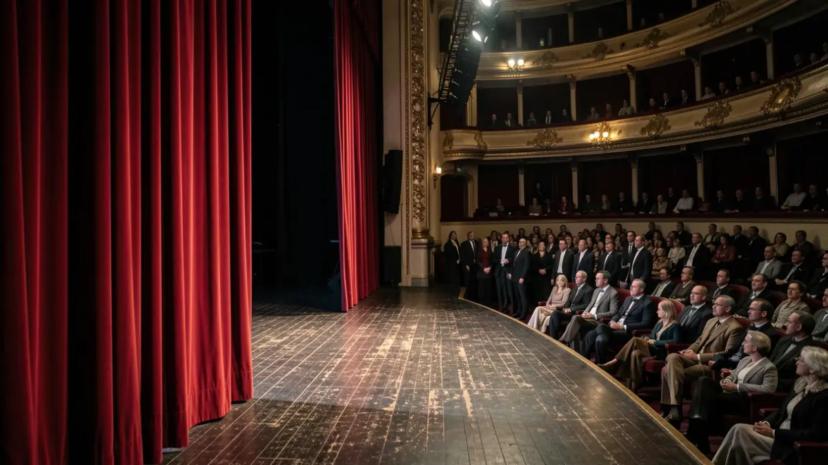 Fotografía de un escenario de teatro vacío con cortinas corridas e iluminación dramática.