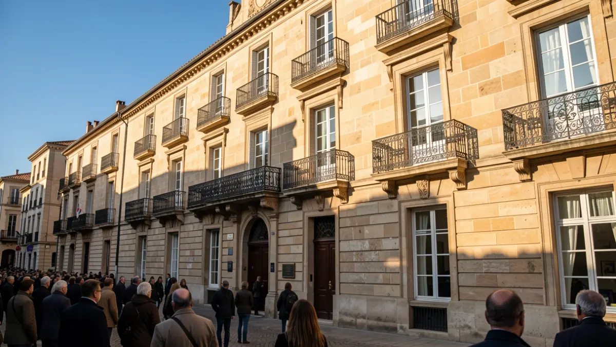 Stone facade of the town hall with ornate balconies and warm sunlight.