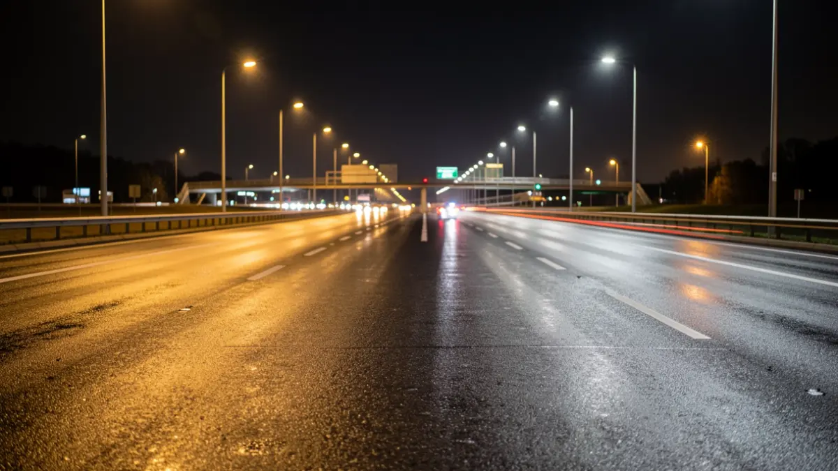 Intercambiador de carretera vacío de noche, con reflejos de luz en el asfalto mojado.