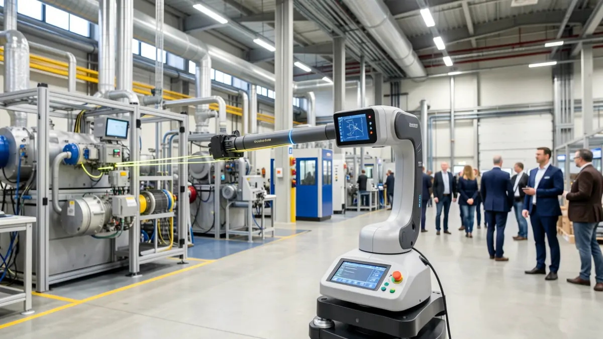 Fabrika moderno baten barrualdea, 3D laser eskaner bat lehen planoan, makineriaren eta hodien neurketa zehatzak egiten. Ingurunea argitsua da, aurrerapen teknologikoa eta industria-prozesuak azpimarratuz. Eskanerrak eta ingurune zehatzak ditu ardatz, testu edo logo ikusgarririk gabe.