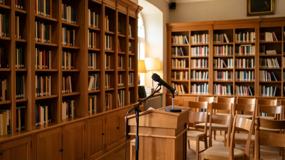 Interior de una biblioteca con estanterías y ambiente tranquilo de lectura.