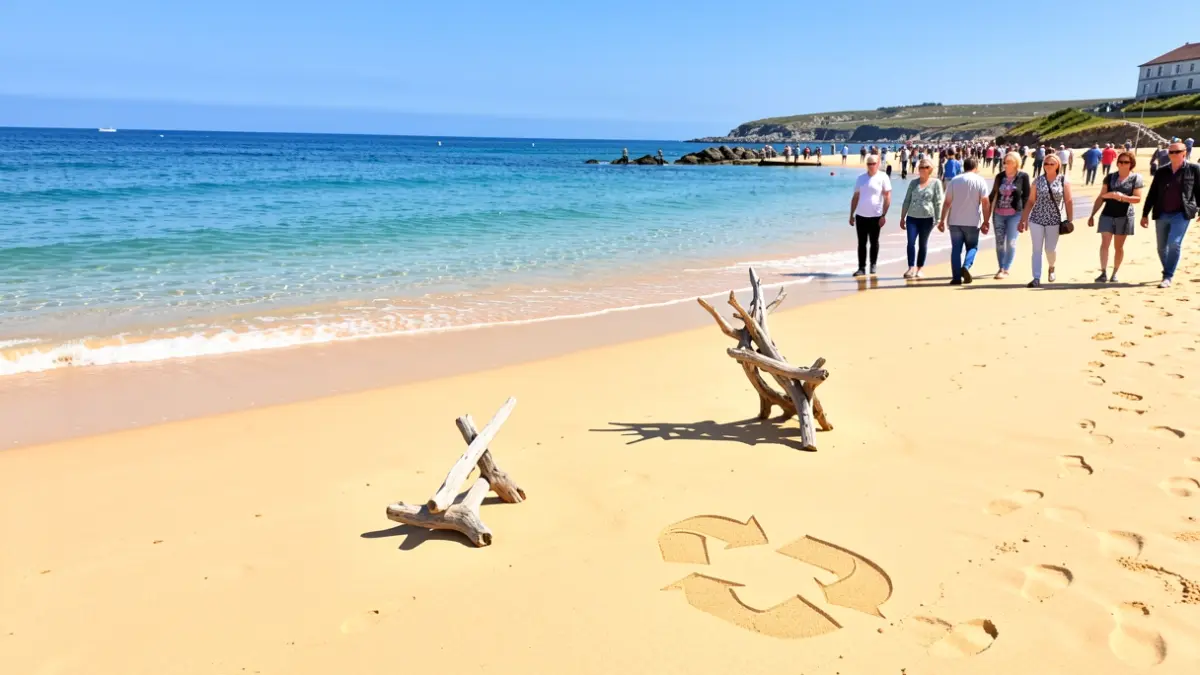 Una playa limpia en Getaria, soleada y acogedora, con símbolos de concienciación ambiental.
