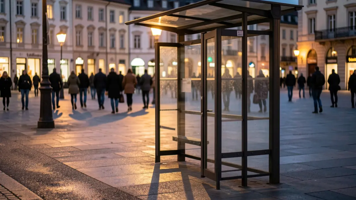 Generic image of a bus stop shelter at dusk, with artificial lights.