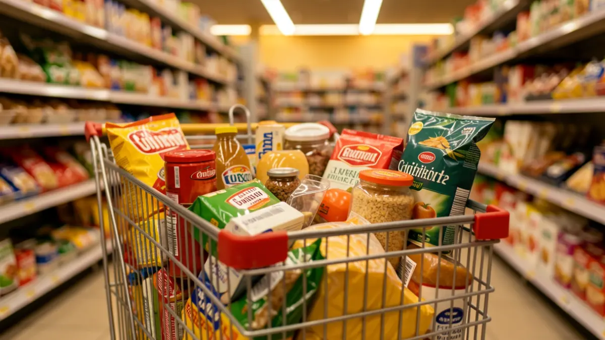Janari eta etxeko produktuz betetako erosketa-karen hurbileko irudia, supermerkatu bateko pasabide lauso batekin.